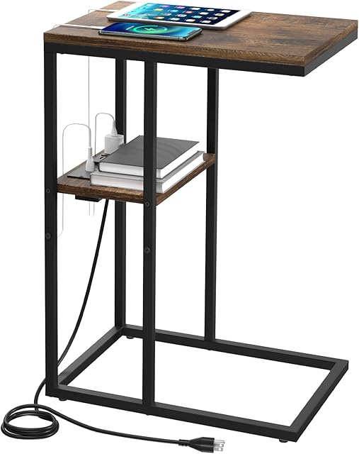 Yoobure C Shaped End Table with Charging Station for Living Room, Bedroom, Sofa Table with USB Ports and Outlets for Small Spaces, C Couch Rustic Snack Bed Table