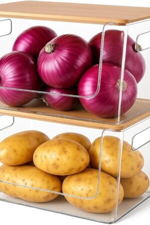 2 Set Pantry Organizers and Storage - Kitchen Organizer with Bamboo Lid for Fruit, Onion, Potato, Vegetable - Clear Stackable Bins for Kitchen Cabinet, Refrigerator, Home Organization