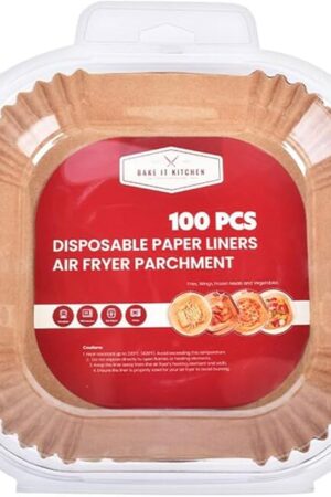 Disposable Air Fryer Paper Liners - 100 Pack, Non Stick (6,5 inch) Square for Microwave, Free of Bleach, Family Gatherings, Parchment Paper, Oil Proof for Oven Use (100, 6.5" Square)