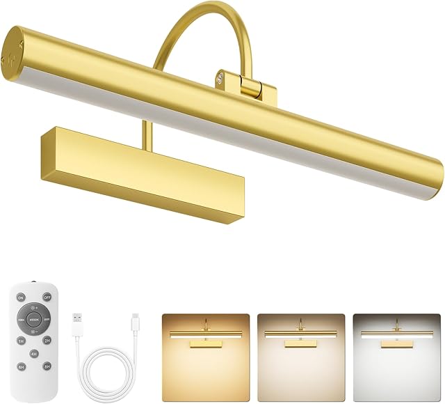 Bridika Picture Light for Wall with Remote, Rechargeable Battery Operated Picture Light, 3 Color Modes and Dimmable Classic Art Lights for Paintings, Gallery, Bedroom, Bathroom with Timer Gold 1
