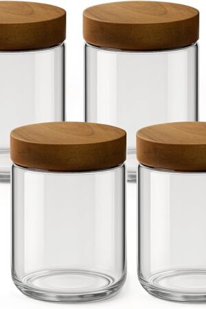 16oz 4 Pack Overnight Oats Containers with Lids, Glass Mason Jars with Acacia Wood Airtight Lids, Wide Mouth Meal Prep Storage Jars for Yogurt, Chia Pudding, Salad, Parfait, Snacks, Spice