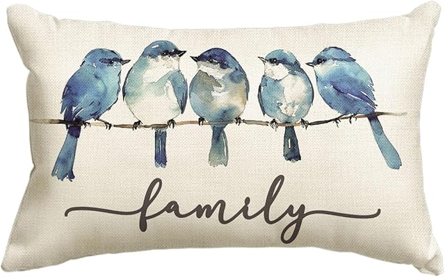 AVOIN colorlife Home Sweet Home Bluebird Family Watercolor Throw Pillow Cover, 12 x 20 Inch Fall Blue Cushion Case Decoration for Sofa Couch