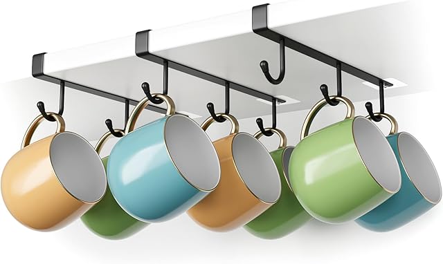 ECROCY Mug Holder for Cabinet, Clip-On Shelf and Fits Shelves up to 3/4", 3pcs Mug Organizer for Kitchen, No Drilling Free Damage