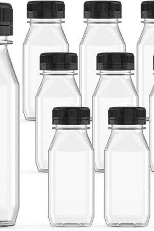 10 Pcs 8 oz Plastic Juice Bottles with Black Lids, Reusable Beverage | For Juice, Smoothie | Fridge Storage | Transparent Containers | Bulk Beverage Containers