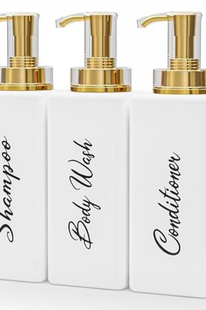 Akalin Refillable Shampoo and Conditioner Bottles, 16oz White and Gold Soap Dispenser Bathroom, Shampoo and Conditioner Dispenser for Bathroom Lotion Body Wash Massage Oils (White)