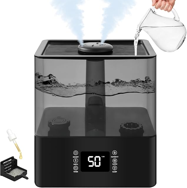 6L Humidifiers for Bedroom Large Room, Cool and Warm Mist Humidifiers for Nursery & Plants, Mist Top Fill Desk Humidifiers Essential Oil Diffuser with Adjustable Mist,360°Nozzle,Auto Shut-Off-Black
