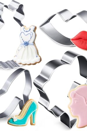 4Pcs Fashion Girl Cookie Cutters, Princess Face Lips Skirt High Heel Shoe Biscuit Pastry Baking Molds for Hotpink Makeup Birthday Party Cake Decorations