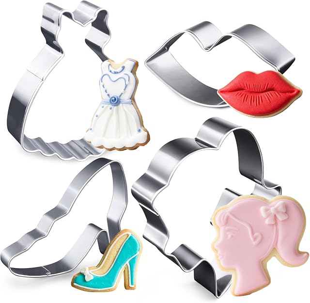 4Pcs Fashion Girl Cookie Cutters, Princess Face Lips Skirt High Heel Shoe Biscuit Pastry Baking Molds for Hotpink Makeup Birthday Party Cake Decorations