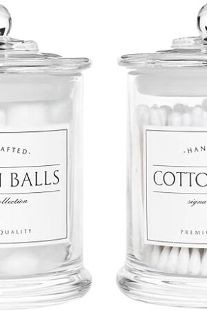 Volisnova 2 Pack Farmhouse Apothecary Jars with Lids - Glass Qtip Dispensers and Cotton Ball Holders for Bathroom Vanity Storage and Organization with 8 Pcs Wterproof Labels (Clear Glass)