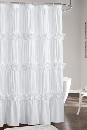 Victorian Ruffle Shower Curtain, Ruched Microfiber Vintage Handcrafted Bow Tie Bath Curtain for Master Bathroom, with 12 Buttonholes, 72" W x 72" H, White (LQ-10)