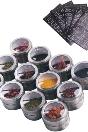 12 Powerful Magnetic Spice Tins- Stainless Steel Spice Storage Containers, Kitchen Spice Jars with Clear Lid with Sift & Pour, Rack Magnetic on Fridge, 120 Spice Labels