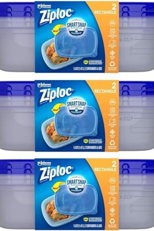 Ziploc Food Storage Meal Prep Containers with Smart Snap Technology, Rectangle, 1.5 QTS, 2 Count, Pack of 3, Clear