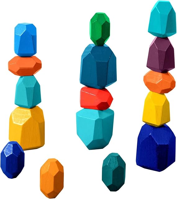 The WODI Wooden Rainbow Stacking Stones 16Pcs Wood Sorting Balancing Rocks Blocks Montessori Educational Toys for Toddler Kids 3 Years Up Developing Skills