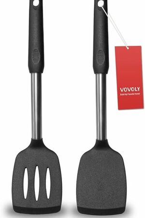2 Pack Spatulas, Solid & Slotted Silicone Spatula Set, Stainless Steel Handle Coated with Silicone, Non Stick Turners, Heat Resistant Rubber Spatulas for Fish, Eggs, Pancakes, WOK, Black