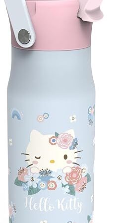 Zak Designs Harmony Hello Kitty 20oz Water Bottle for Travel or At Home, Recycled Stainless Steel is Leak-Proof When Closed and Vacuum Insulated with Straw Lid and Carry Handle