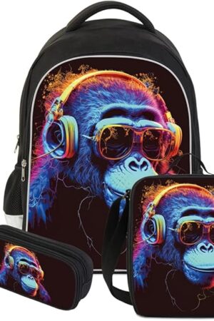 3 Pcs Kids Backpack, 3D Reflective Cartoon, 600D Polyester & Dual Zippers, 17" Bookbag with Ergonomic Design for boys & girls age 6-18, Gorilla Space Style for school Children Kids