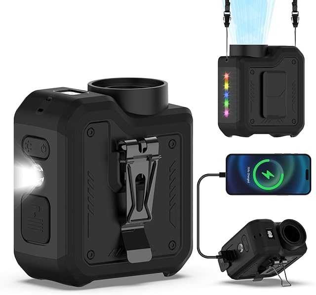 7-in-1 Multi-Use Portable Waist Clip Turbo Fan,Personal Wearable Rechargeable Powerful Cooling Fan,10000mAh,24H Lasting,LED Display, Flashlight,Neck Handheld Outdoor Fans,Gifts for Men Women (Black)
