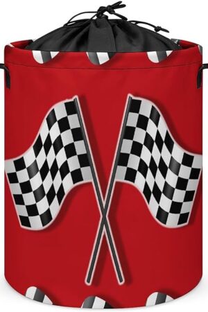 Brebasf Race Car Racing Car Flag Foldable Laundry Basket,Game Theme Racecar Checkered Flag For Blanket Dirty Clothes For Bathroom Bedroom 13.8"W x 17.3"H