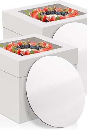 WINKIO 10 Inch Cake Box with Cake Boards, 2 Pack Disposable Cake Carrier, Cakes Transport Container, White Bakery Holder with Window, for Cookies Pies Cupcakes Pastry (10×10×8 Inches)