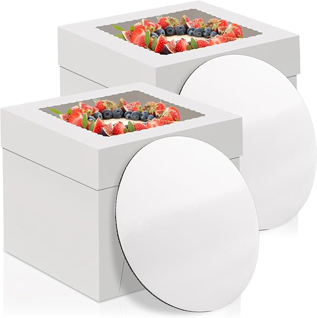 WINKIO 10 Inch Cake Box with Cake Boards, 2 Pack Disposable Cake Carrier, Cakes Transport Container, White Bakery Holder with Window, for Cookies Pies Cupcakes Pastry (10×10×8 Inches)