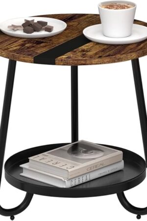2 Tier Round Coffee Table Small End Table Rustic Brown