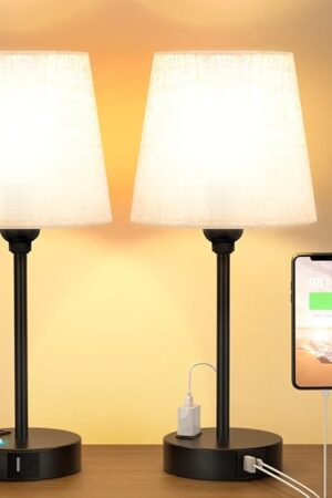 Bedside Lamps for Nightstand, Bedroom Lamps with USB C Port AC Outlet Charging, Dimmable Touch Bed Side Table Lamp Night Stand Light