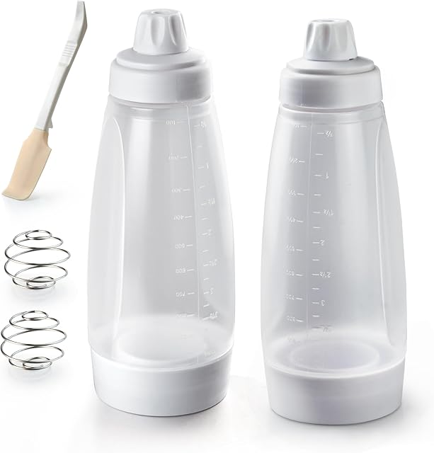 2 Packs of Pancake Batter Dispenser with Silicone Spatula Pancake Mixer Bottle, Kitchen Batter Squeezer Bottle Suitable for Cupcakes, Pancakes, Muffins
