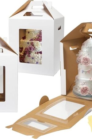 3 Pack Tall Cake Boxes for Tier Cakes 12x12x14 Inch Disposable Layer Tall Baking Carrier with Window Large Tierd Bakery Take Out Transport Containers with Handle for Wedding, Birthday, Party