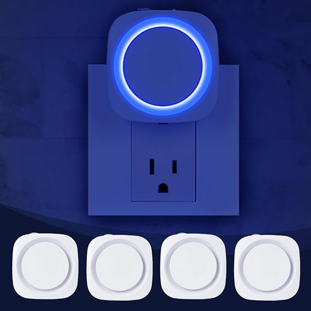 Blue Night Lights Plug in to Wall,4 Packs Dimmable Night Light with Auto Dusk to Dawn Sensor,Soft Glow Night Light for Bathroom, Bedroom,Hallway, Stairs, Kitchen,Blue