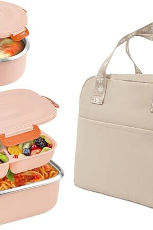 Bento Box, 18/8 Stainless Steel Lunch Box, Stackable PP5 Containers Bento Box for Adults and Kids, Lunch Containers Include an Insulated Food Jar and Bag for Office or School, Pink