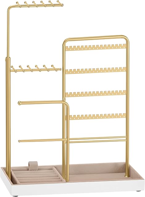 SONGMICS Jewelry Holder, Jewelry Storage Organizer Stand with Metal Frame, Velvet Tray, 12.1 to 18.7 Inches Tall Height Adjustable Necklace Holder, for Rings, Earrings, Pale Gold UJJS026A01