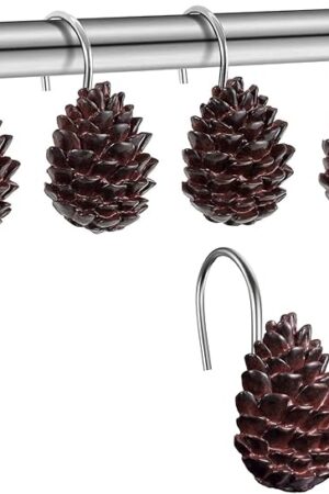 12-Pack Resin Pinecone Decorative Shower Curtain Hooks Steel Sliding Bathroom Curtain Rings Pendant Hooks (S Pinecone A)