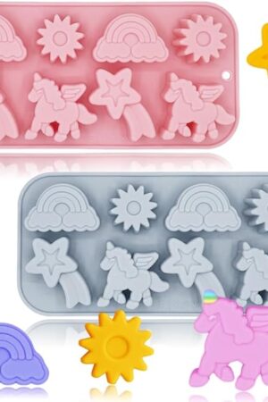 2 Pack Unicorn Molds Silicone 8 Cavity 3D Flying Unicorn Themed Baking Mould Tray with Cartoon Rainbow Meteors Sun for Kids' Party Chocolate Cake Topper Dessert Mousse Pastry Handmade Soap Crayons