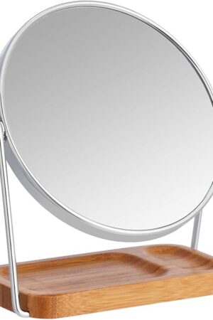 Amazon Basics Vanity Round Tabletop Mount Mirror with Squared Bamboo Tray Magnification, Chrome, 7.2"L x 3.35"W