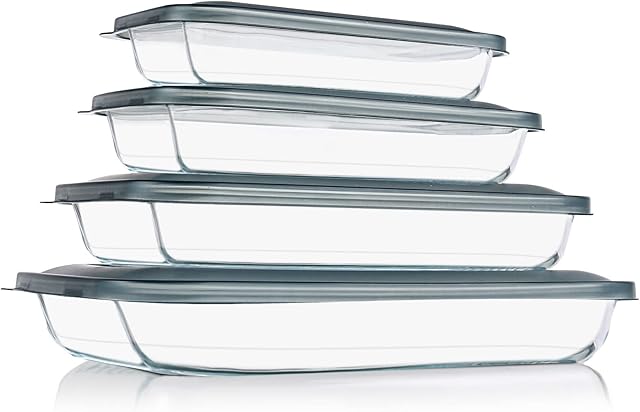 8 Pieces Glass Baking Dish with Lids Rectangular Glass Baking Pan Bakeware Set with Lids, Baking Pans for Lasagna, Leftovers, Cooking, Kitchen, Fridge-to-Oven, Gray