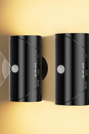 2 Pack LED Motion Sensor Night Light Indoor, Rechargeable Wall Lights Battery Operated Wall Sconces Set of Two, Dimmable Magnetic Stick On Wall Lamps for Bedroom Bedside Stairs - Black Flat Lens