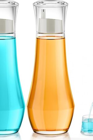 VITVITI Glass Mouthwash Dispenser Set of 2, 8.8OZ with Lid Cup | Refillable | for Bathroom | Clear | for Countertop | Small