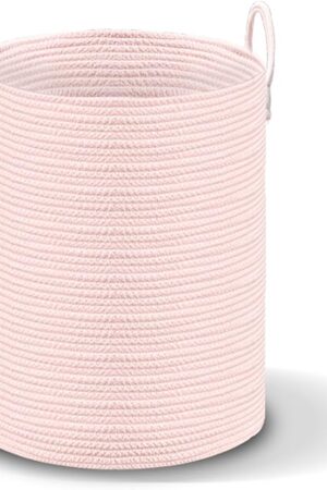 Cotton Rope Storage Basket with Handles, Large Laundry Hamper, Nursery Organization, Pink