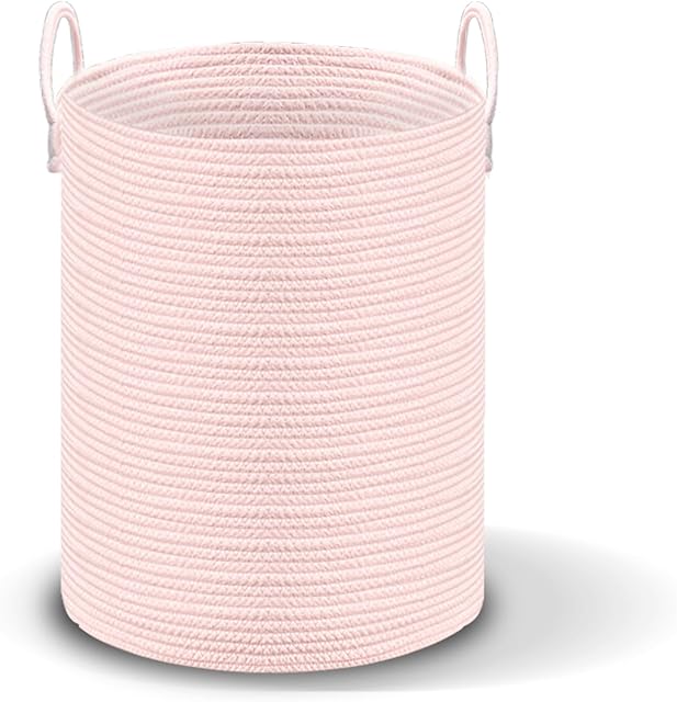 Cotton Rope Storage Basket with Handles, Large Laundry Hamper, Nursery Organization, Pink