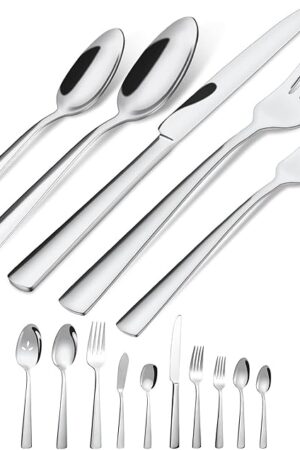 45-Piece Silverware Set Flatware Cutlery Set Service for 8, Durable Stainless Steel Tableware in Ergonomic Design Size and Weight, Kitchen Utensil Sets with Steak Knives, Rust-proof, Dishwasher Safe