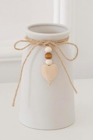 Charming 6-Inch Ceramic Vase | Jute Rope & Heart Charm Vase for Bohemian Farmhouse & Boho Décor, White Color