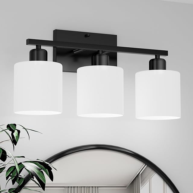 Black Bathroom Light Fixtures Vanity Lights Modern 3-Light Wall Sconces with Milky White Glass Shades