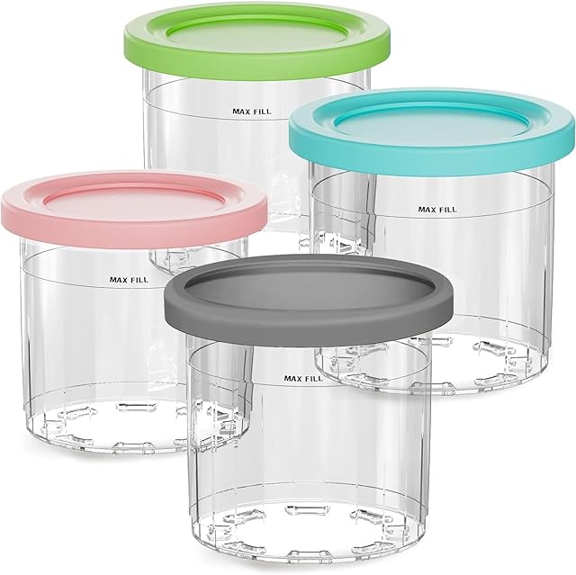 Containers Replacement for Ninja Creami Pints and Lids - 4 Pack, 16oz Cups Compatible with NC301 NC300 NC299AMZ NC290 Series Ice Cream Maker - BPA-Free & Dishwasher Safe