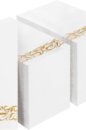 200 Pack Disposable Paper Napkins,3-Ply Dinner Napkins with Gold Trim for Guests,Bathroom Paper Hand Towels Soft and Absorbent,Perfect for Kitchen,Dinner,Party,Wedding or Event