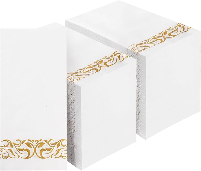 200 Pack Disposable Paper Napkins,3-Ply Dinner Napkins with Gold Trim for Guests,Bathroom Paper Hand Towels Soft and Absorbent,Perfect for Kitchen,Dinner,Party,Wedding or Event
