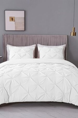 ASHLEYRIVER 3 Piece Duvet Cover Set Microfiber Queen White Pintuck