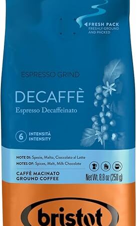 Bristot Decaf Ground Espresso – Medium Roast Italian Coffee – Smooth & Bold Flavor – 8.8 oz (250g)