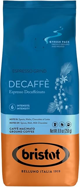 Bristot Decaf Ground Espresso – Medium Roast Italian Coffee – Smooth & Bold Flavor – 8.8 oz (250g)