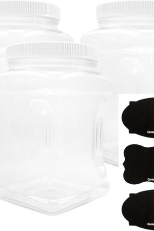 Cornucopia Brands 3-Pack Square 64oz 1/2 Gallon Plastic Canisters; 8-Cup Capacity Clear Jars w/Lids & Chalk Labels, BPA-Free Lightweight PET #1 Plastic