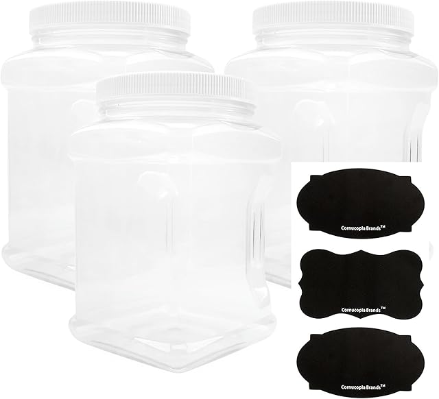 Cornucopia Brands 3-Pack Square 64oz 1/2 Gallon Plastic Canisters; 8-Cup Capacity Clear Jars w/Lids & Chalk Labels, BPA-Free Lightweight PET #1 Plastic